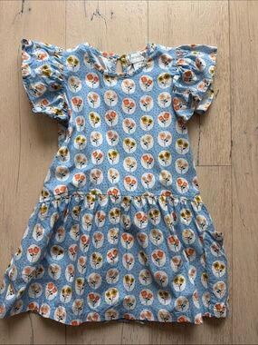 Lucky Jade Light Blue Floral Ruffle-Sleeve Dress with Orange & Yellow Blooms